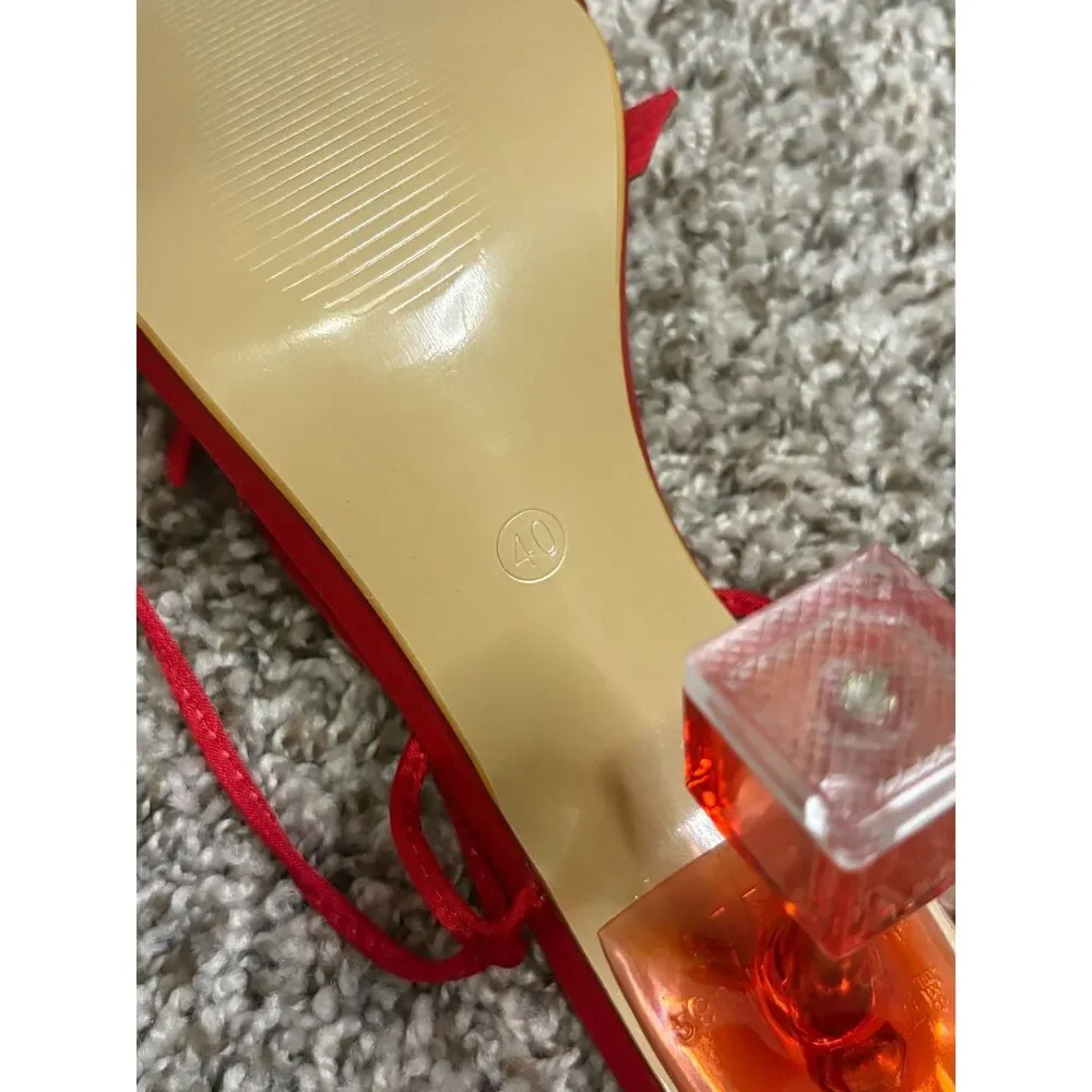 Red Satin Rhinestone Bow Lace-Up Clear Block Heel Sandals